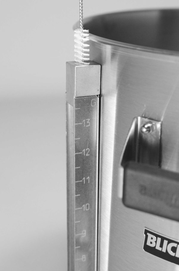 Engraved level gauge graduations are easy to read with gallon and liter markings. Acts as a mash manometer to warn of pending stuck mashes! Handy cleaning brush included.